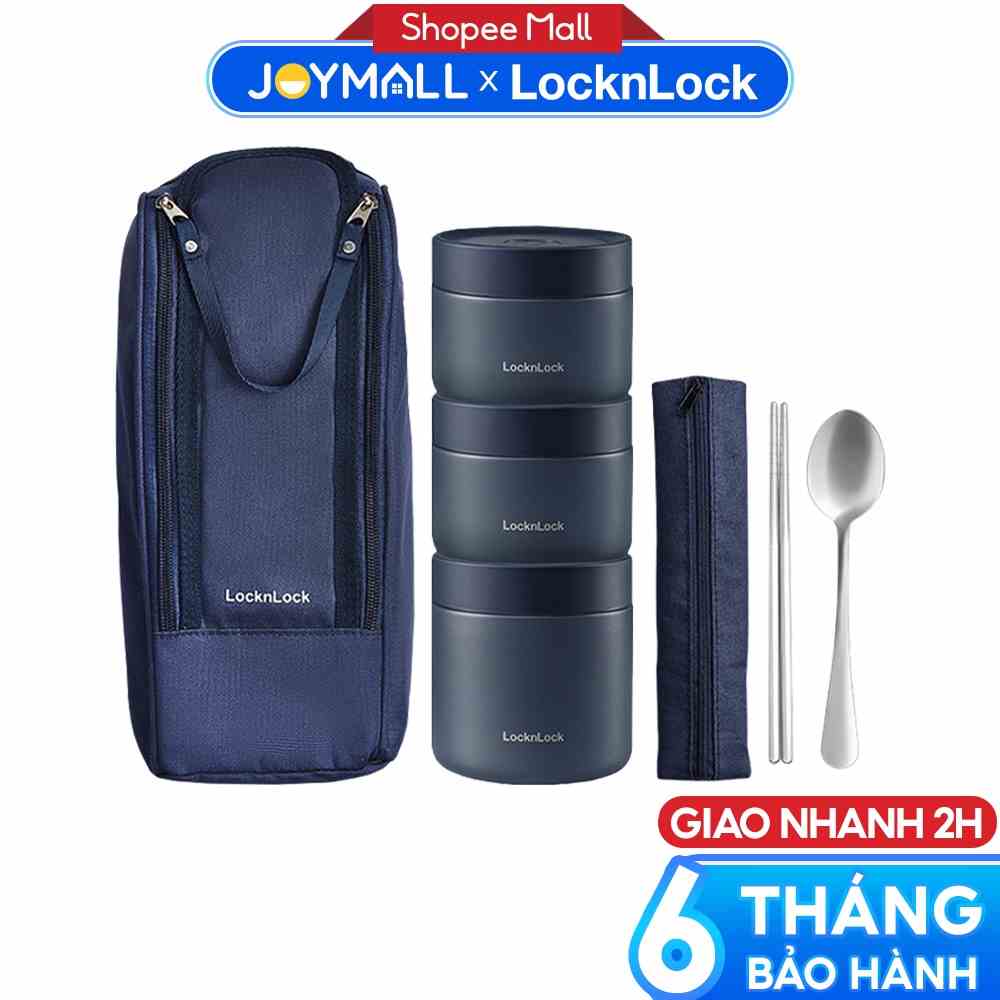 Bộ hộp cơm giữ nhiệt LocknLock Lunch Box LHC8052S01, Hàng chính hãng, 3 hộp giữ nhiệt, kèm túi và muỗng đũa - JoyMall