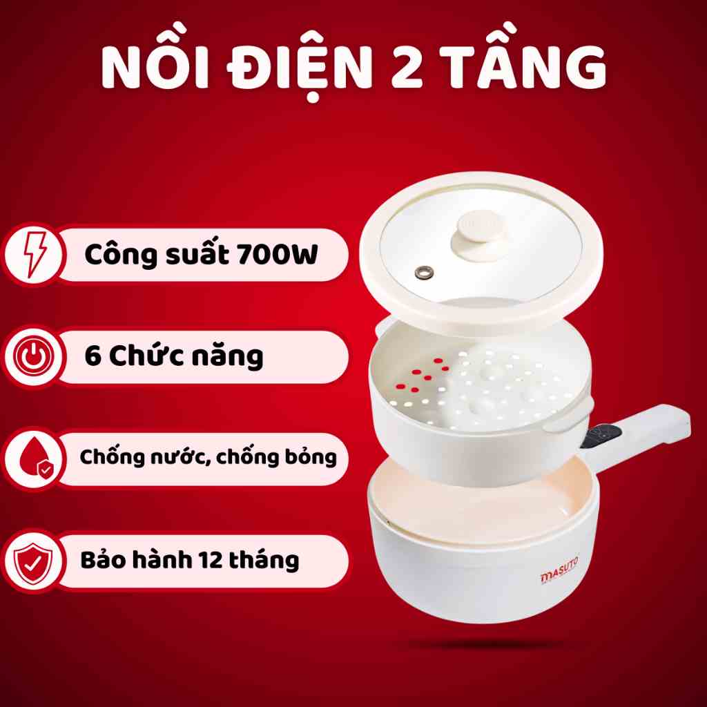 Nồi lẩu điện mini đa năng 2 tầng Masuto 5in1 nấu được cơm nhiều món 1,8L bảng điện tử chống nước