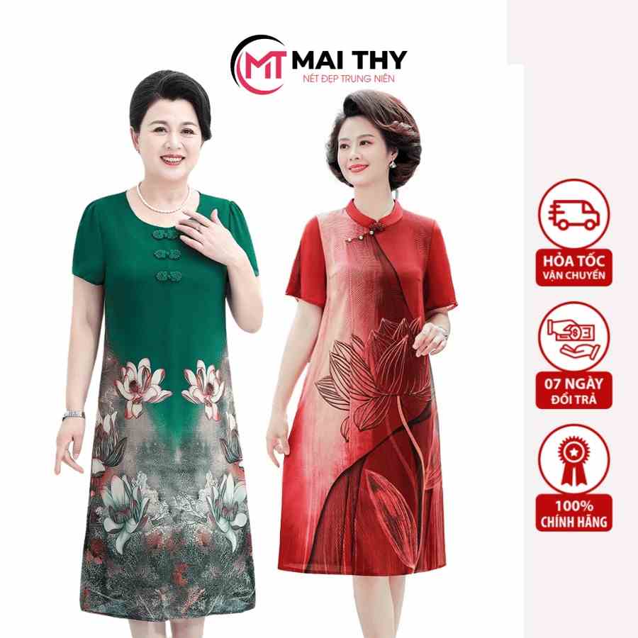 Đầm Trung Niên Thiết Kế MAI THY, Mẫu Váy Suông Đi Tiệc Cho Mẹ Ngắn Tay Chất Lụa Mango Cao Cấp | Thời Trang Nữ U50