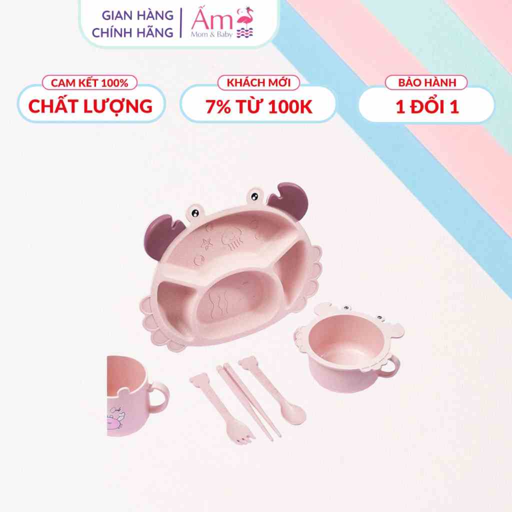 Set Khay Ăn Dặm Lúa Mạch Hình Cua Ấm Baby 6 Món An Toàn Chống Đổ Cho Em Bé Bát Khay Muỗng Ăn Dặm Cho Bé Ấm Gift Decor