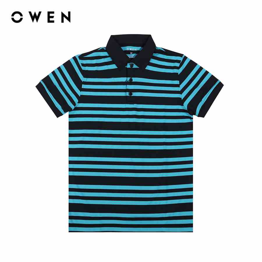 OWEN - Áo polo ngắn tay Body Fit Đen phối Xanh - PAT22372