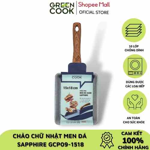 Chảo đúc đáy từ chữ nhật men đá xanh sapphire Green Cook GCP09-1518IH với 10 lớp chống dính an toàn cho sức khoẻ, công n