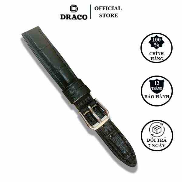 Dây da đòng hồ Draco DDDH03 màu đen - size 14 nữ [Tặng kèm khóa] chấy liệu da bò thật cao cấp dập vân cá sấu