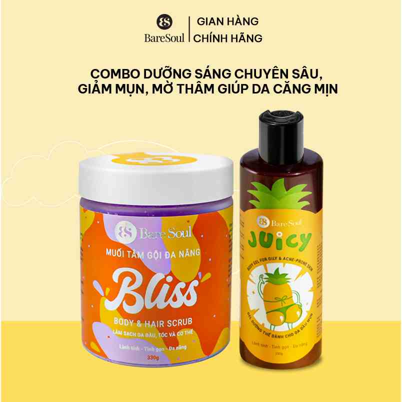 Combo dưỡng sáng chuyên sâu, giảm mụn viêm, mờ thâm giúp da căng mịn BareSoul Juicy 250g + BLISS 330g