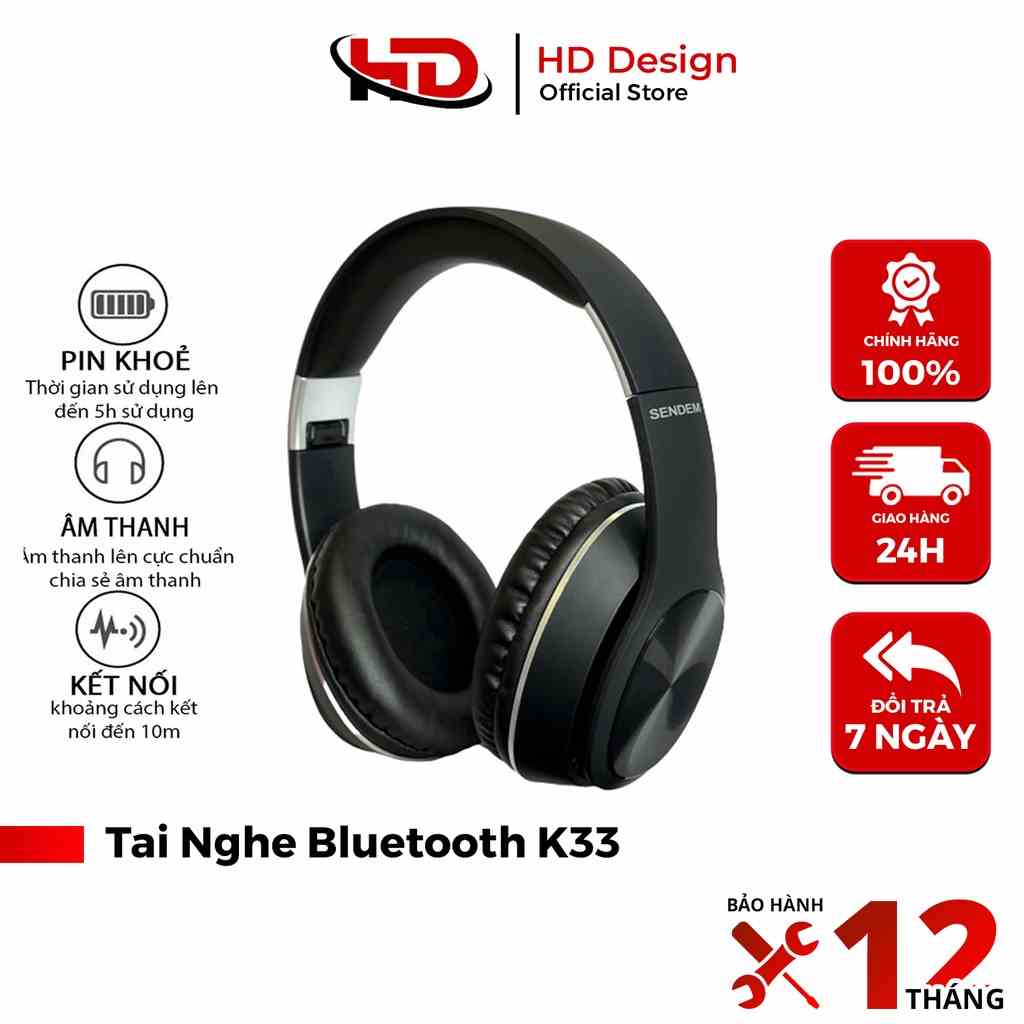 Tai Nghe Bluethooth Chụp Tai K33 , Âm Thanh Cực Chất - Pin Trâu - Có Khe Cắm Thẻ Nhớ - Chính Hãng HD DESIGN