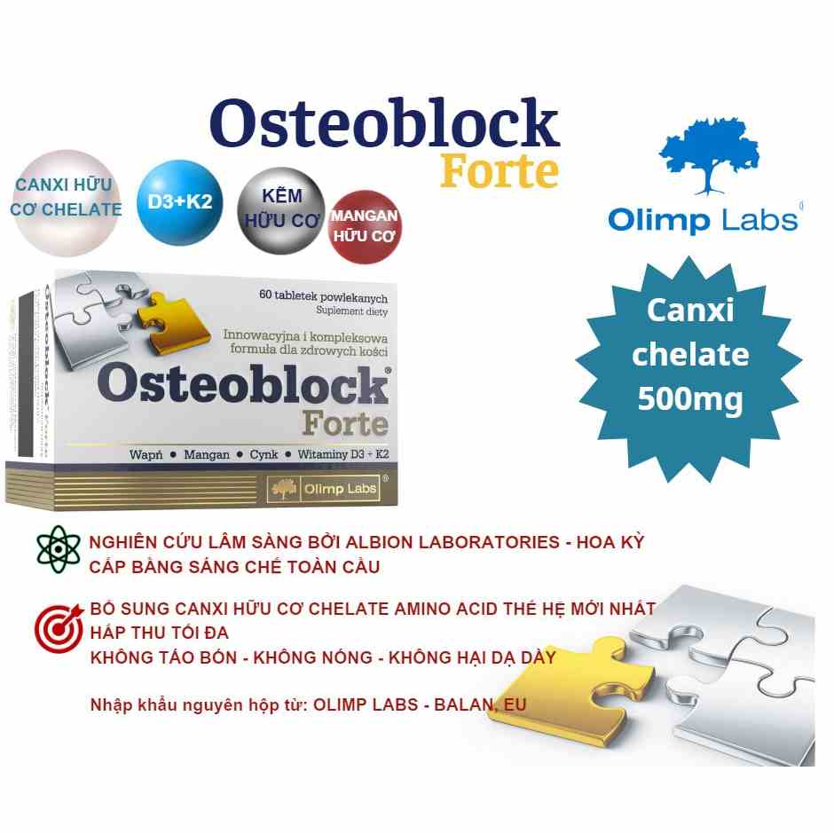 Canxi Chela hữu cơ OSTEOBLOCK Forte - OLIMP LABS xuất sứ Ba Lan hộp 60 viên nén POLIPHARM