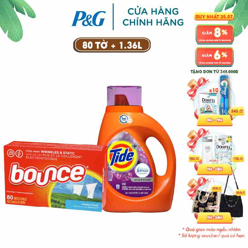 Bộ đôi Combo Nước giặt Tide Spring&Renewal 1.36 L và Giấy sấy thơm quần áo Bounce 80 tờ