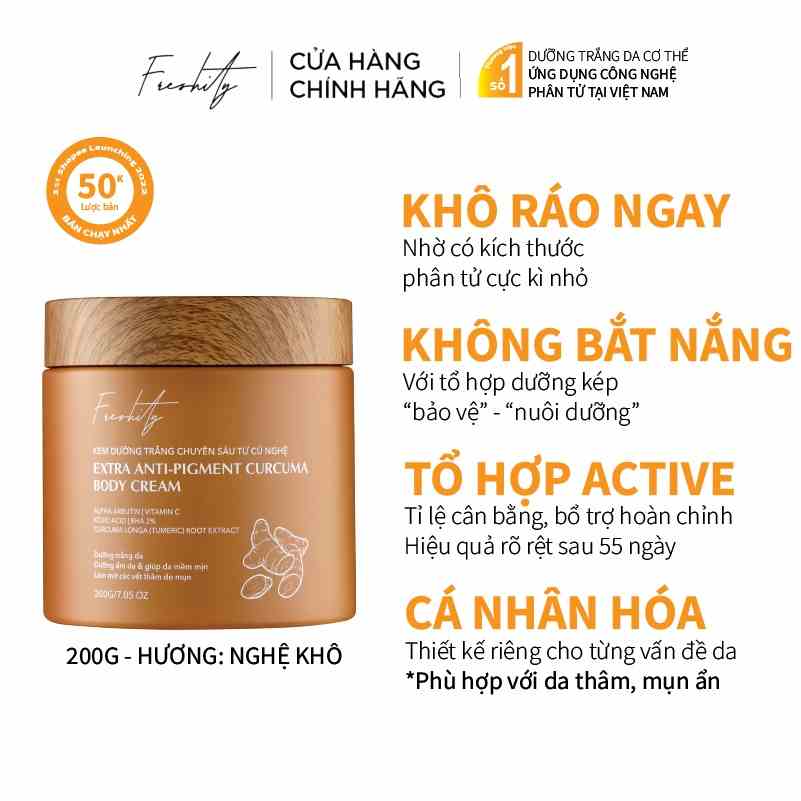 Kem dưỡng trắng giảm viêm nang lông thâm sạm da từ củ nghệ Freshity 200g