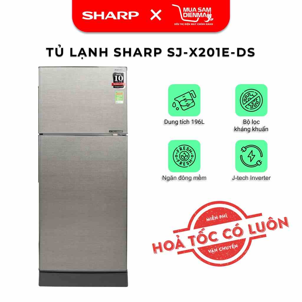 Tủ lạnh Sharp Inverter 182 lít SJ-X201E-DS Công nghệ kháng khuẩn khử mùi phân tử Ag+Cu--Chỉ giao tại HN--