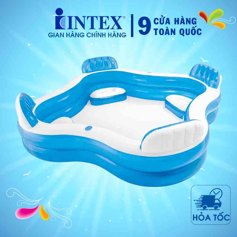 Hồ bơi phao cho bé Intex 56475, kích thước 2,29mx2m2/1m59x1m59, có thể 4-5 bé chơi, hình vuông có ghế, bảo hành 12 tháng