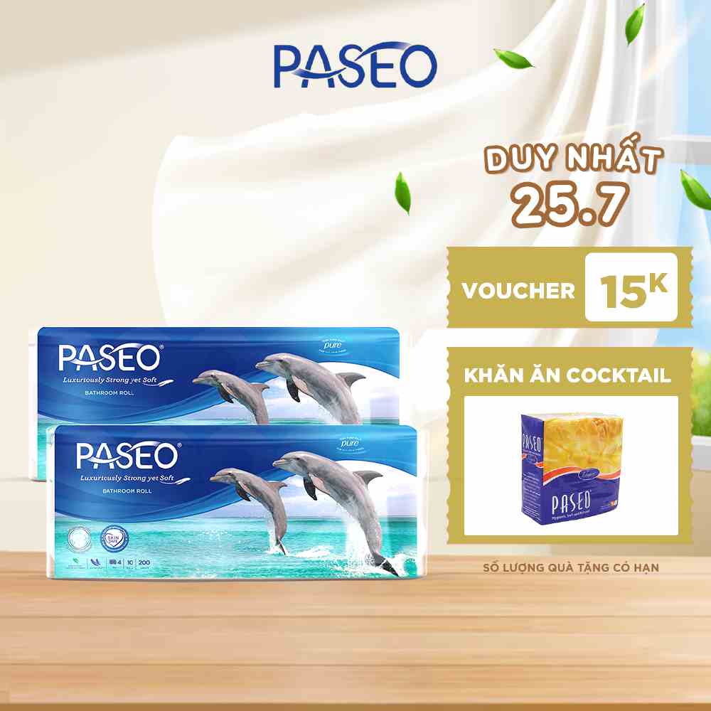 Combo 2 Giấy vệ sinh PASEO Dolphin 10 cuộn 4 lớp in hoa văn độc đáo, mềm dai, tan nhanh trong n