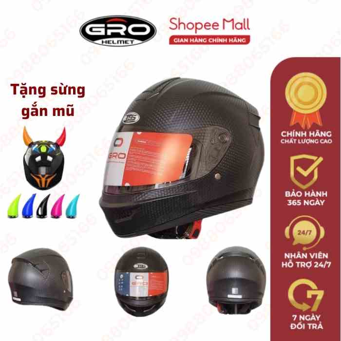 Mũ bảo hiểm fullface GRO HELMET hàm cacbon TSS chính hãng GRO tặng phụ kiện gắn kèm