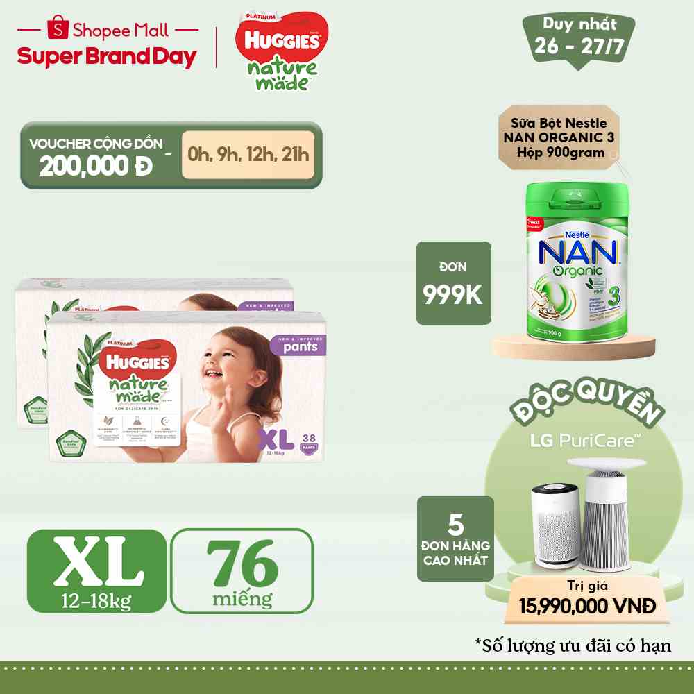 [HUGFEB15 -10% max 60k đơn 400k] Combo 2 Tã Quần Huggies Platinum Nature Made XL38