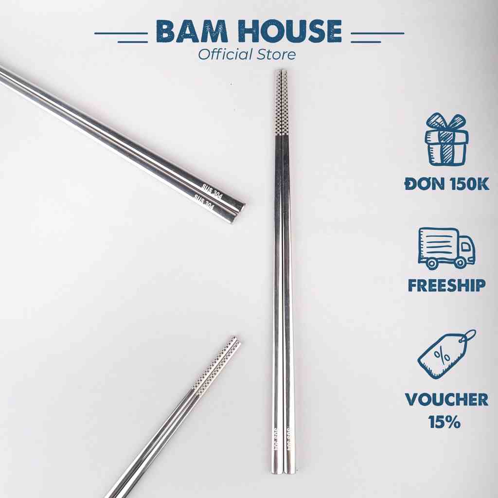 Đũa inox 304 Bam House đũa chắc tay vân hoạ tiết chống trơn trượt lõi thép cao cấp DIN02 - 1 Đôi