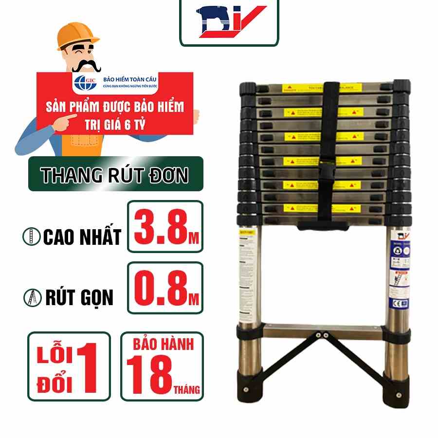 Thang rút đơn inox cao cấp DIY TLS-I-38 chiều cao sử dụng tối đa 3.8m, tải trọng 150kg