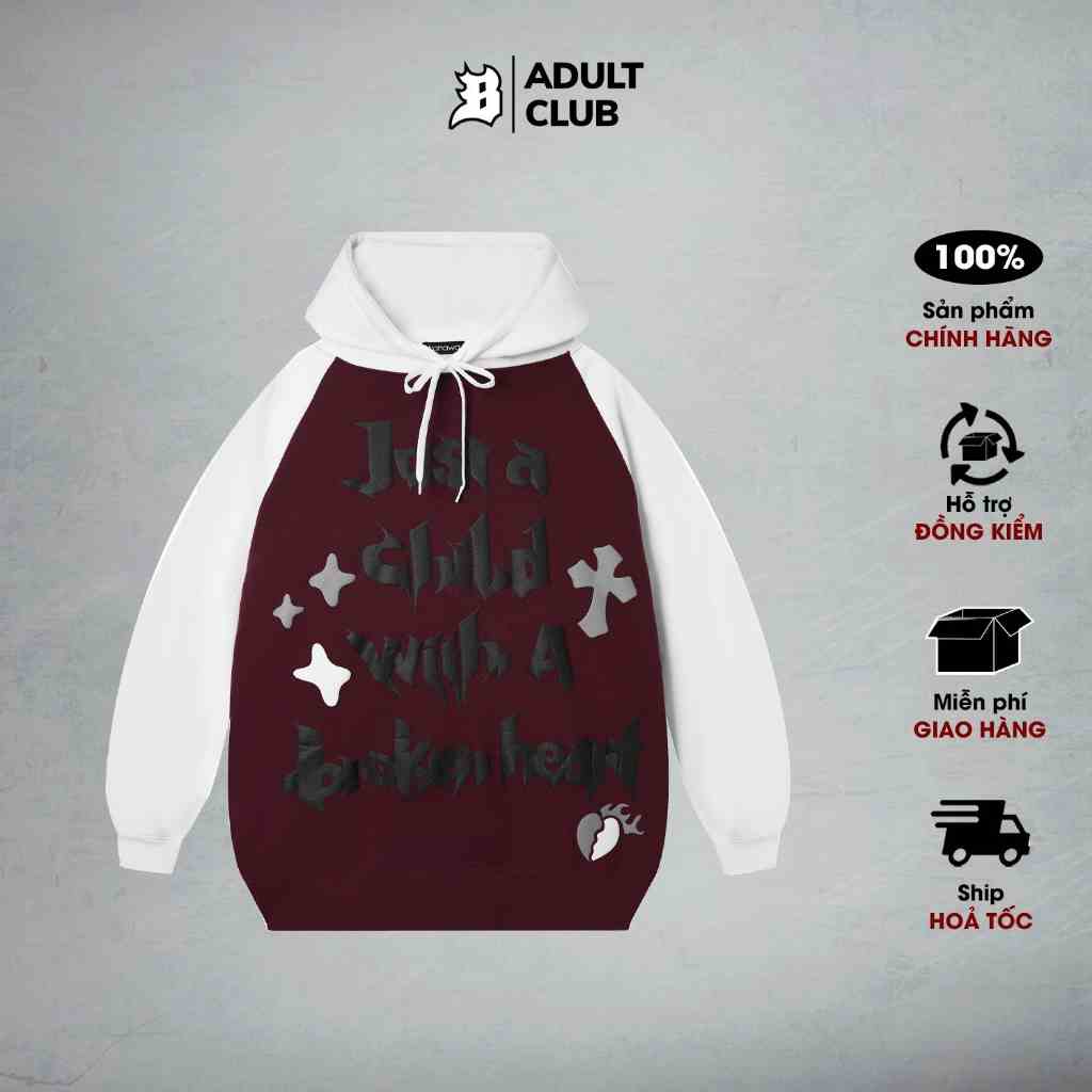 Áo Hoodie raglan Banawa form rộng nam nữ unisex có nón trùm đầu - Broken Child Hoodie - Màu Đỏ Đô