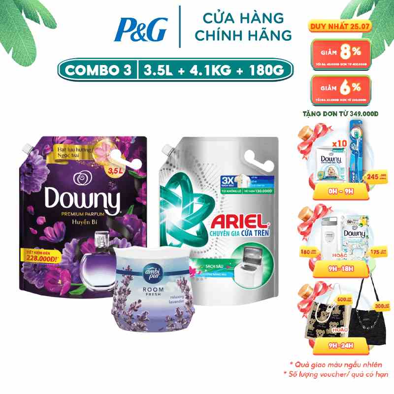 Combo thơm mát gồm nước giặt Ariel sạch sâu 4.1kg, nước xả Downy Huyền bí 3.5L & sáp thơm Ambipur 180g Oải Hương