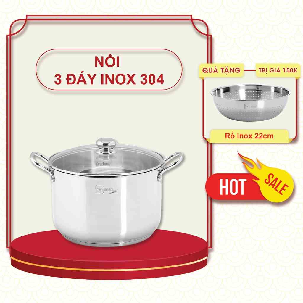 Nồi luộc gà inox 304 cao cấp Fivestar Plus  28cm / 30cm nắp kính 3 đáy dùng được mọi loại bếp , bảo hành 25 năm