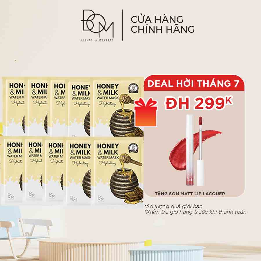 Combo 10 miếng mặt nạ BOM Honey & Milk Hydrating Water Mask Mặt Nạ Cấp Ẩm 25g - 8809721243114