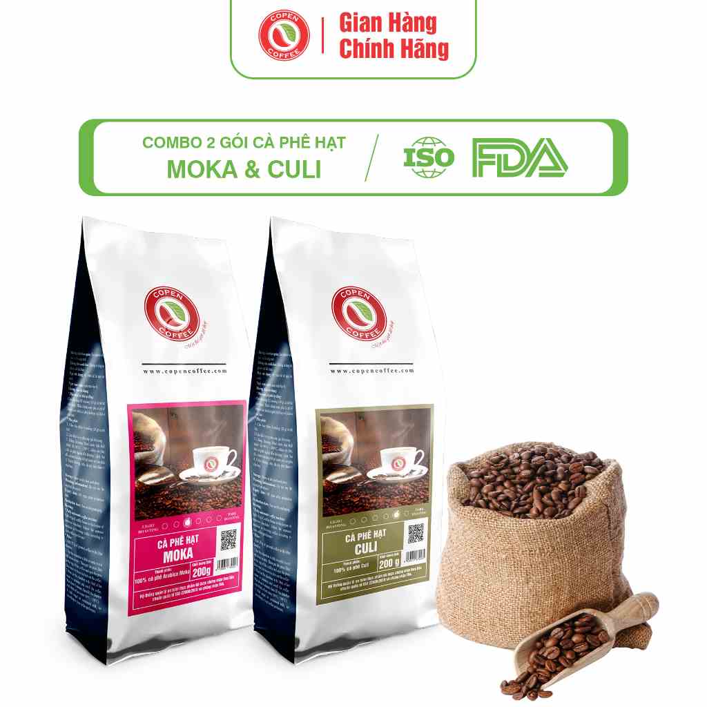 COMBO 2 GÓI Cà phê hạt Moka và Culi rang mộc Copen Coffee, pha espresso, xay pha phin - 200g/ Gói