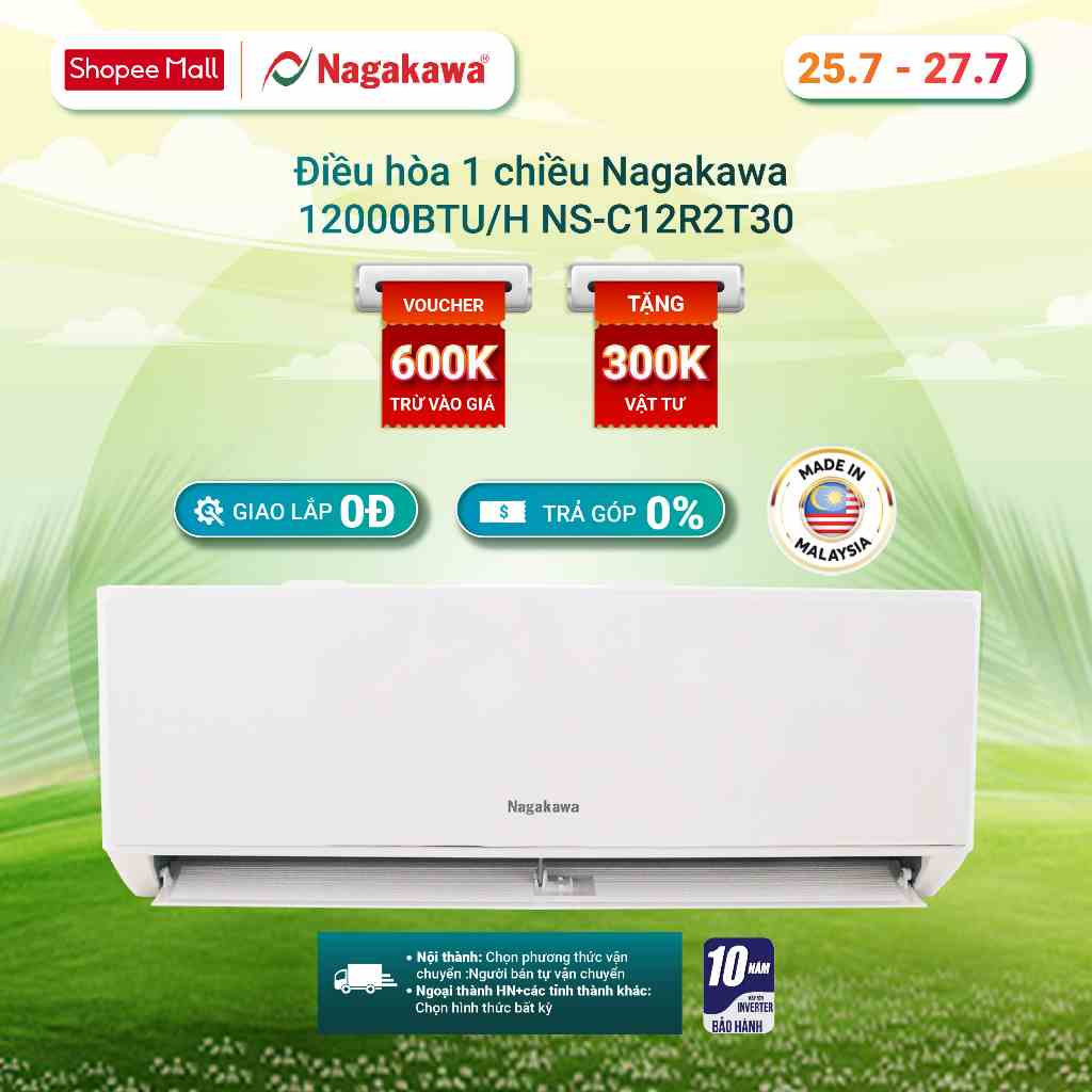 Miễn phí công lắp đặt - Điều hòa/ Máy lạnh 1 chiều Nagakawa 12000BTU (1.5 Hp) NS-C12R2T30 - Bảo hành 2 năm