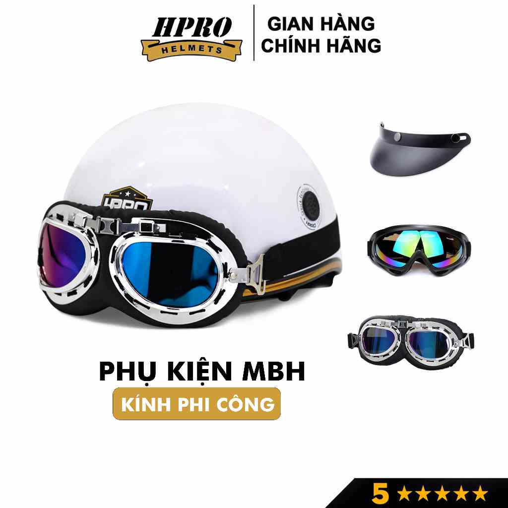 Kính Phi Công, kính UV Hpro Helmet, gắn mũ bảo hiểm 1/2 và 3/4 đi phượt, trang trí mũ, chắn gió, bảo vệ mắt