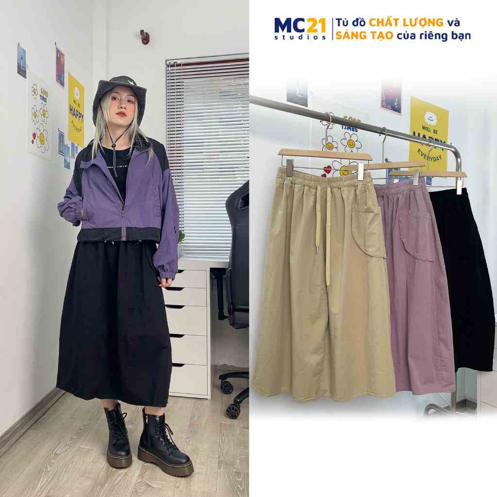 Chân váy kaki dài MC21.STUDIOS dáng xoè lưng cao cạp chun bigsize Ulzzang Streetwear Hàn Quốc V3601