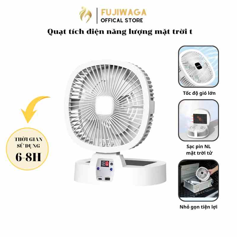 Quạt Tích Điện Năng Lượng Mặt Trời Fuji Waga tích hợp đèn LED, sạc dự phòng, thời gian sử dụng từ 6-8h - BH 12 tháng