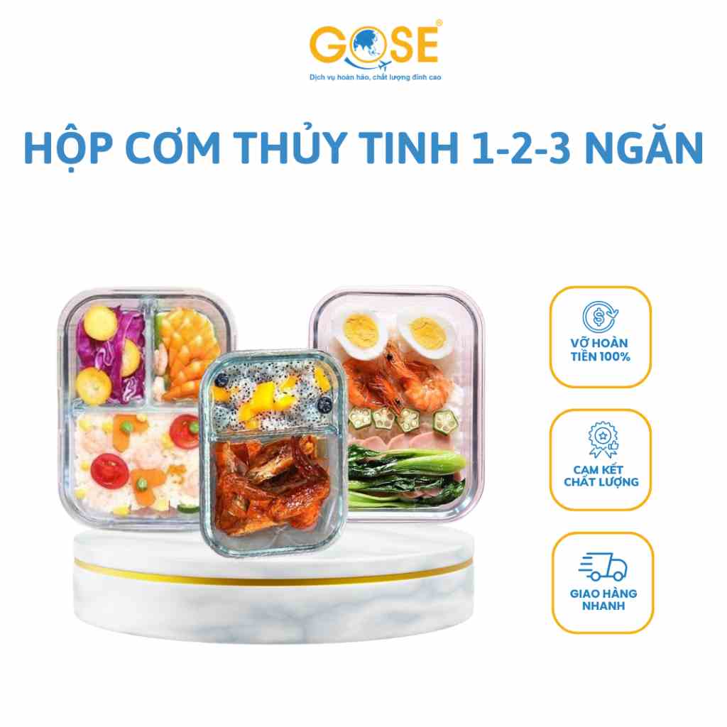 Hộp thủy tinh đựng cơm văn phòng 1 2 3 ngăn GOSE chia ngăn chống tràn dùng được lò vi sóng