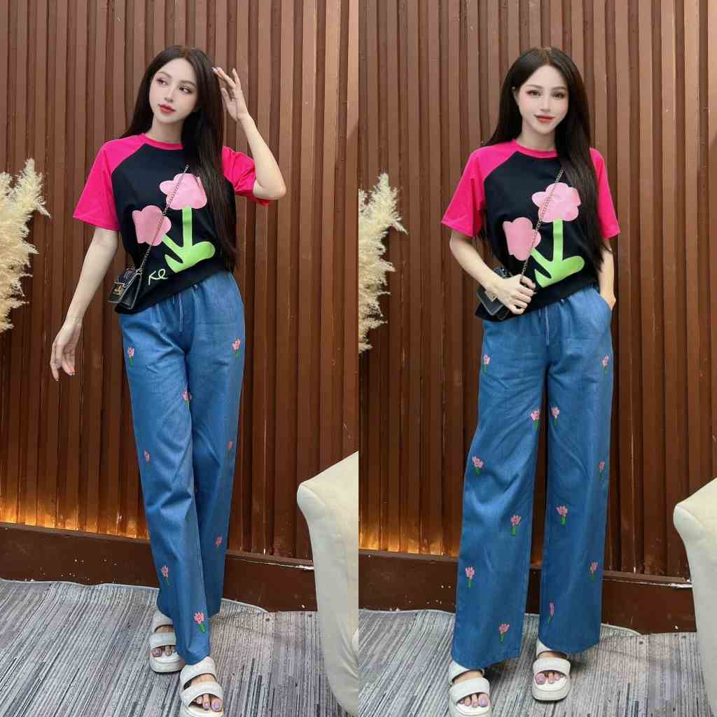 Set thiết kế CRAZYTEEN S3334 dành cho nữ gồm áo thun oversize và phối quần jeans dáng suông rộng