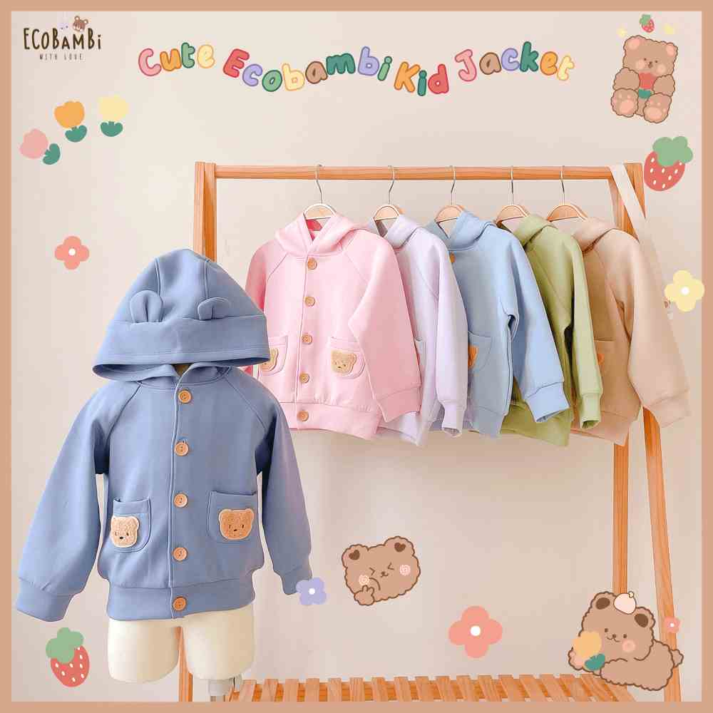 Áo khoác Unisex có nón tai gấu, nút cài, túi đính sticker teddy dễ thương cho bé yêu BB-23AK011 - Ecobambi