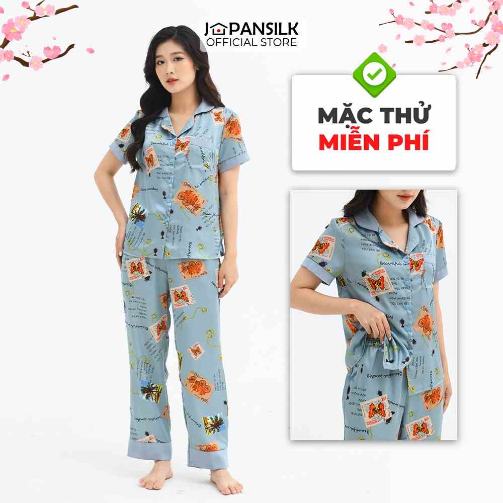 [Mã BMLTA35 giảm đến 35K đơn 99K] Bộ Ngủ Lụa Satin Pijama Cao Cấp JAPAN SILK Áo Cộc Quần Dài Họa Tiết Tem Thư Vintage