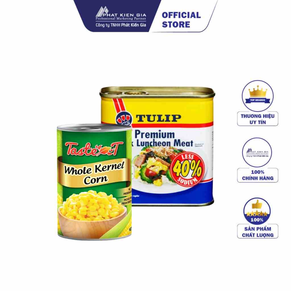 COMBO 1 Hộp Thịt Heo Hộp Tulip 40% Giảm Mặn 340g + 1 Hộp Bắp Hạt Đóng Hộp Taste-T 420g