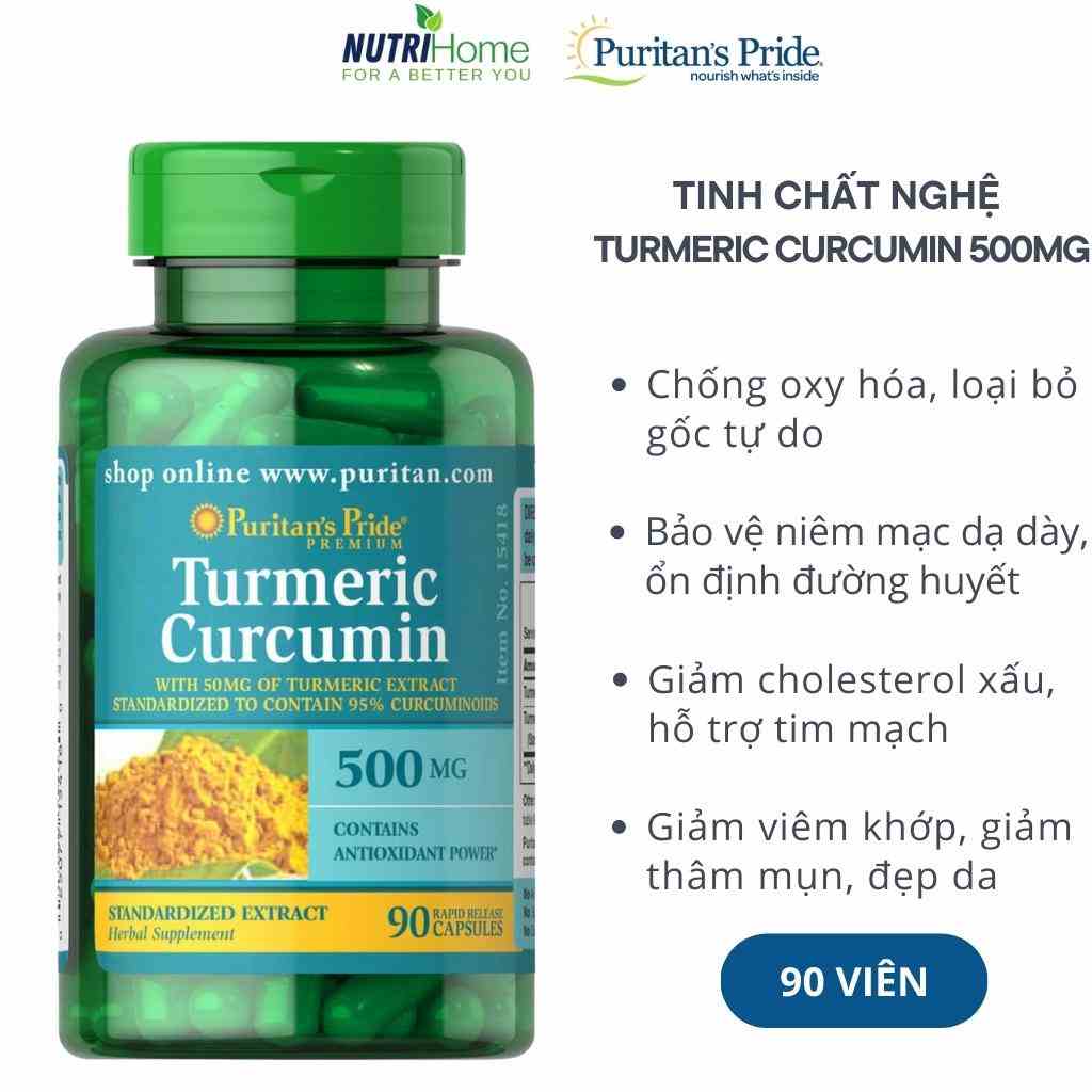 Viên uống tinh chất nghệ Turmeric Curcumin 500mg Puritan’s Pride tốt cho dạ dày, đẹp da (Nutri Home)(90 viên)