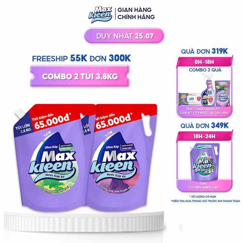 Combo 2 Túi nước giặt xả MaxKleen Sớm mai + Huyền diệu 3.8kg/túi