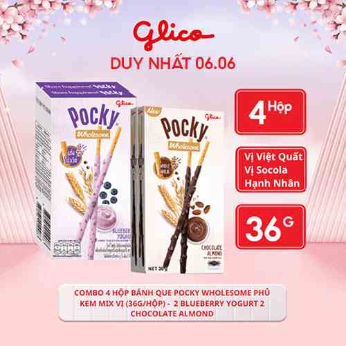 Combo 4 hộp Bánh que Pocky Wholesome phủ kem mix vị (36g/hộp) -  2 Blueberry Yogurt 2 Chocolate Almond