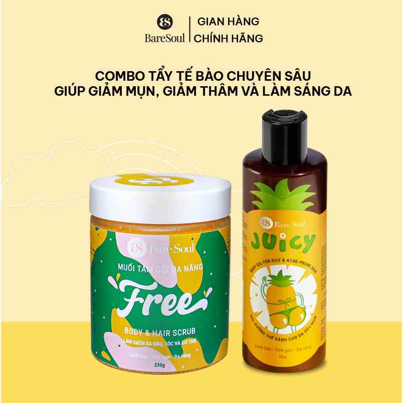 Combo chuyên sâu tẩy tế bào chết, giảm mụn, viêm lỗ chân lông, mờ thâm và làm sáng da BareSoul Juicy 250g +  FREE 250g