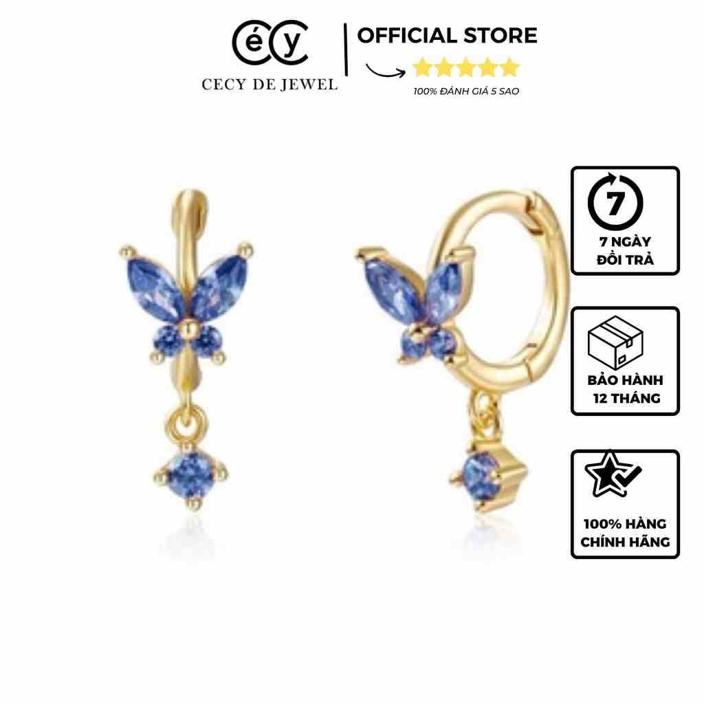 [Mã BMLTB200 giảm đến 100K đơn 499K] KHUYÊN TAI CECY BẠC Ý 925 MẠ VÀNG BUTTERFLY K2074, 4 màu đá xanh, tím, đỏ, trắng