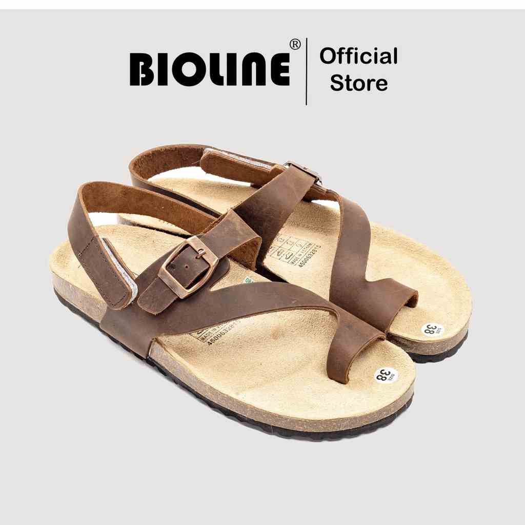 ( Mẫu Da Thật ) D20 - Sandal Đế Trấu BIOLINE Official Quai Da Bò Đan Chéo Xỏ Ngón Hai Lớp