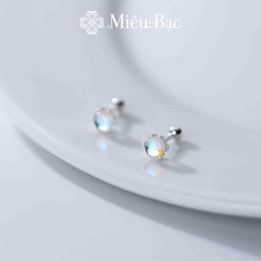 Bông tai bạc nữ Miêu Bạc đính đá mặt trăng moonstone 1 chiếc chất liệu bạc S925 thời trang phụ kiện trang sức MB37