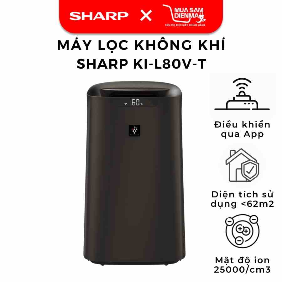 Máy lọc không khí và tạo ẩm Sharp KI-L80V-T (62m², hàng chính hãng, có kết nối điện thoại SmartPhone, tạo ẩm mạnh mẽ)