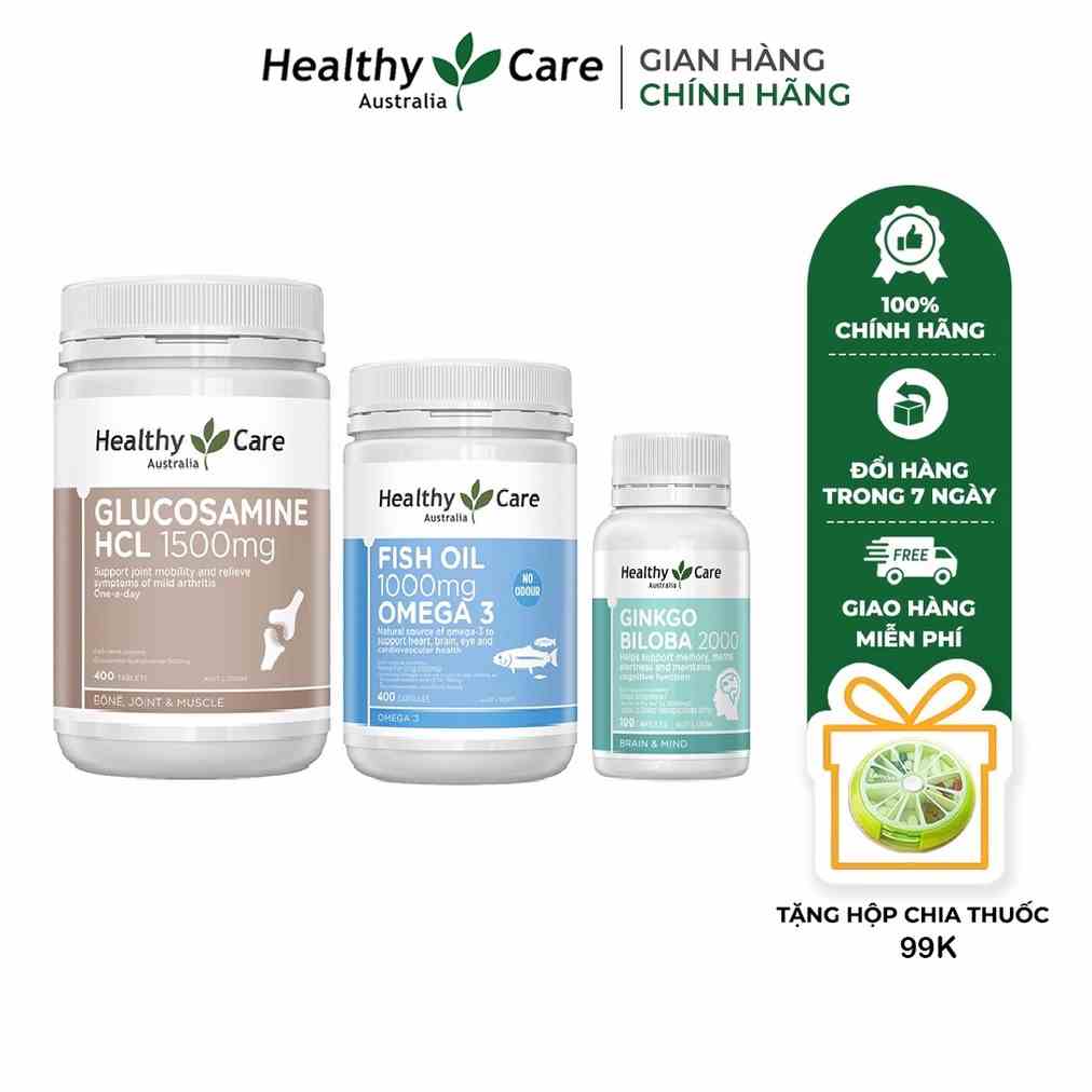 Combo Viên uống hỗ trợ xương khớp Glucosamine Healthy Care 1500mg 400 viên, Dầu cá Omega 3, Bổ não Ginkgo 100 viên