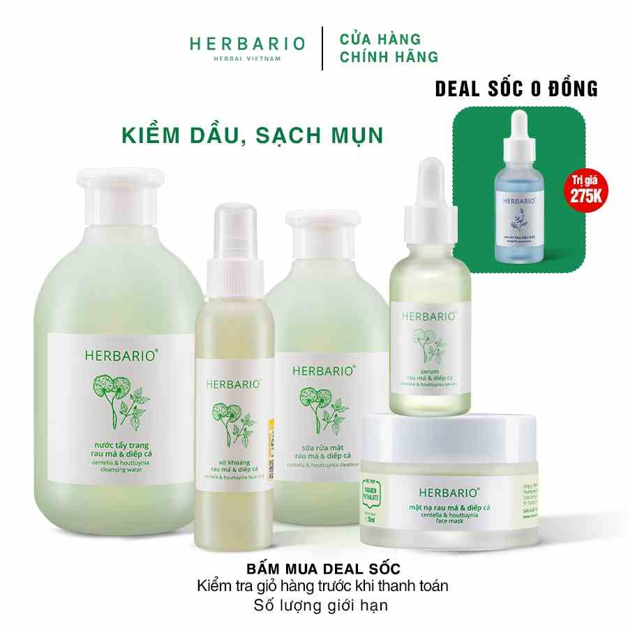 Bộ 5 cho da dầu, mụn từ rau má & diếp cá Herbario: Nước tẩy trang + Sữa rửa mặt + Xịt khoáng + Serum + Mặt nạ