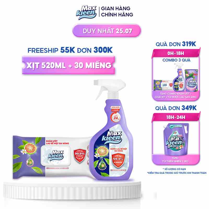 Combo MaxKleen: Nước Lau Bề Mặt Đa Năng 520ml + Khăn Ướt Lau Bề Mặt Đa Năng 30 miếng