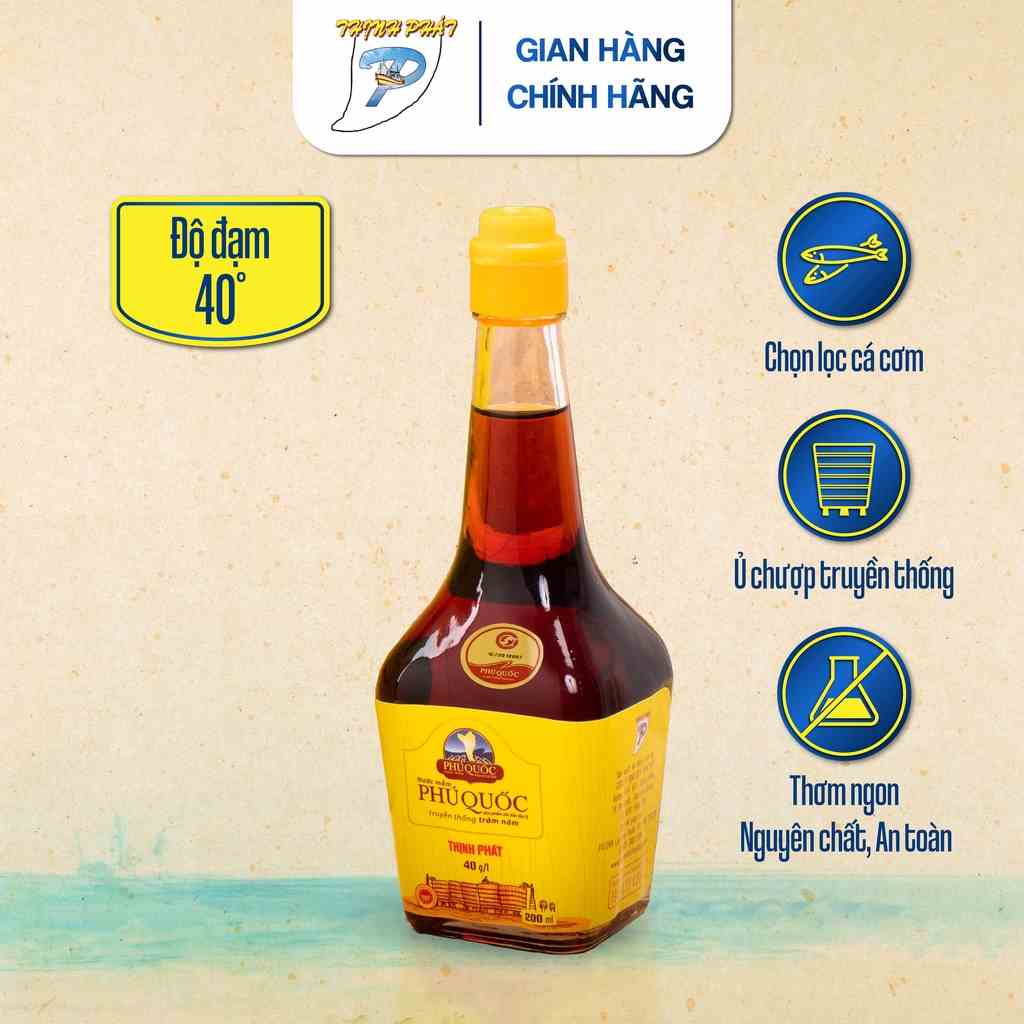 Chai thuỷ tinh Ngọc Bích 40 độ đạm 200ml nước mắm truyền thống Phú Quốc Thịnh Phát nguyên chất từ cá cơm biển Phú Quốc