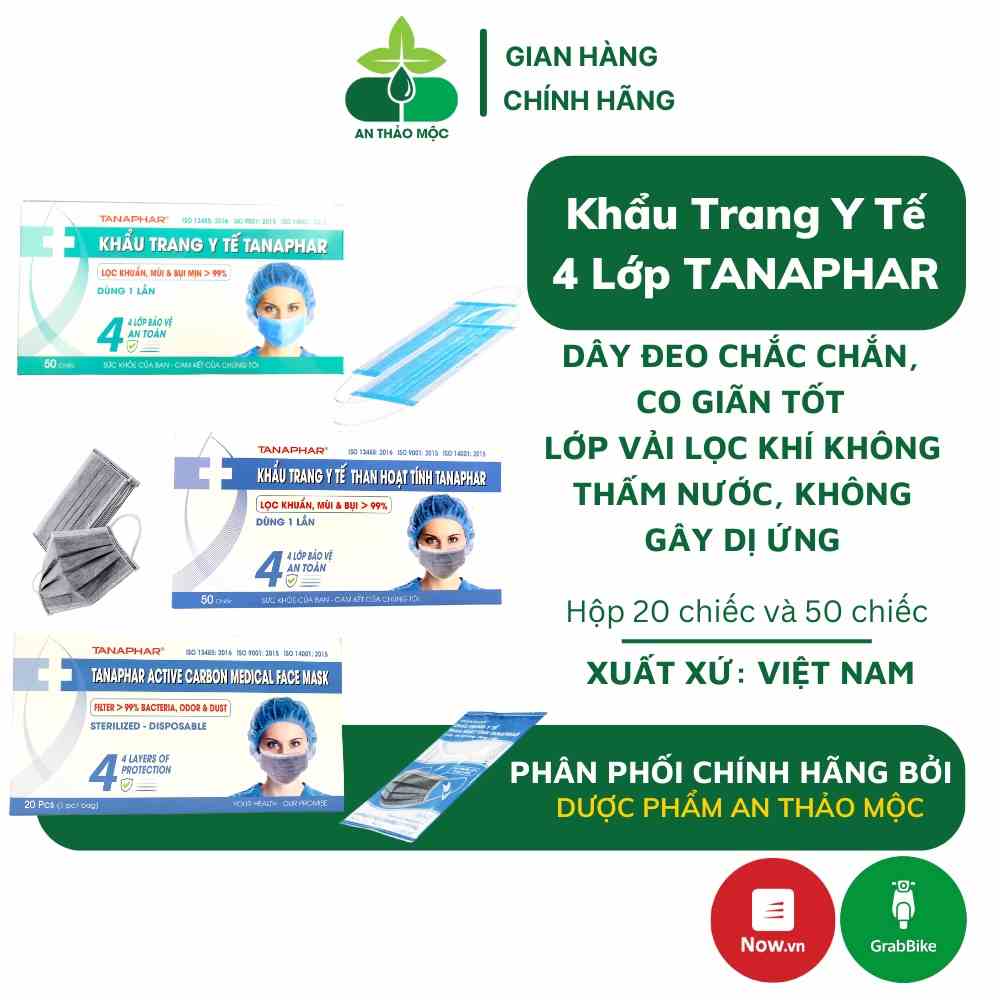 Khẩu trang y tế 4 lớp TANAPHAR ngăn cản khói bụi không kích ứng co giãn tốt tạo cảm giác thoải mái khi sử dụng