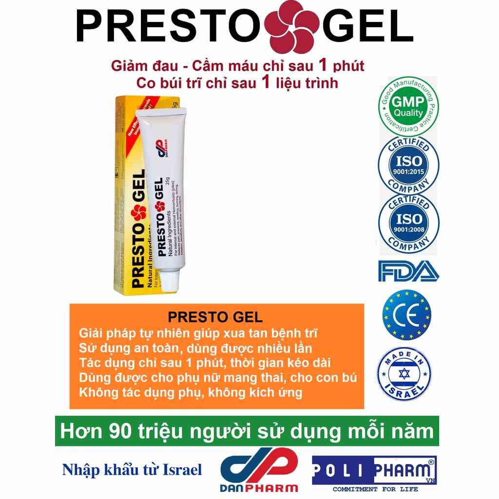 [Mã BMLTB35 giảm đến 35K đơn 99K] Gel Bôi trĩ Presto nhập khẩu Danpharm Israel, tuýp 25g