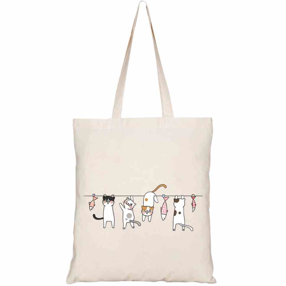 Túi Tote GINKO Vải Canvas có dây kéo khóa (có túi con)  in hình họa tiết Mèo đu dây HT47