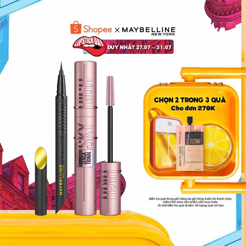 [Bộ Trang Điểm Mắt] Mascara Sky High Tơi Dài Mi Waterproof và Bút Kẻ Mắt Nước Siêu Sắc Mảnh Maybelline New York