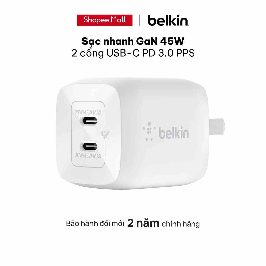 Sạc BOOST↑CHARGE PRO GaN Belkin 45W - 2 cổng USB-C PD 3.0 PPS - Hàng chính hãng - WCH011dqWH